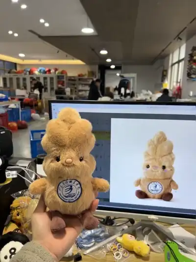 Mascot with Logo Badge — Fluffy mascots with embroidered ID patches and brand badges.